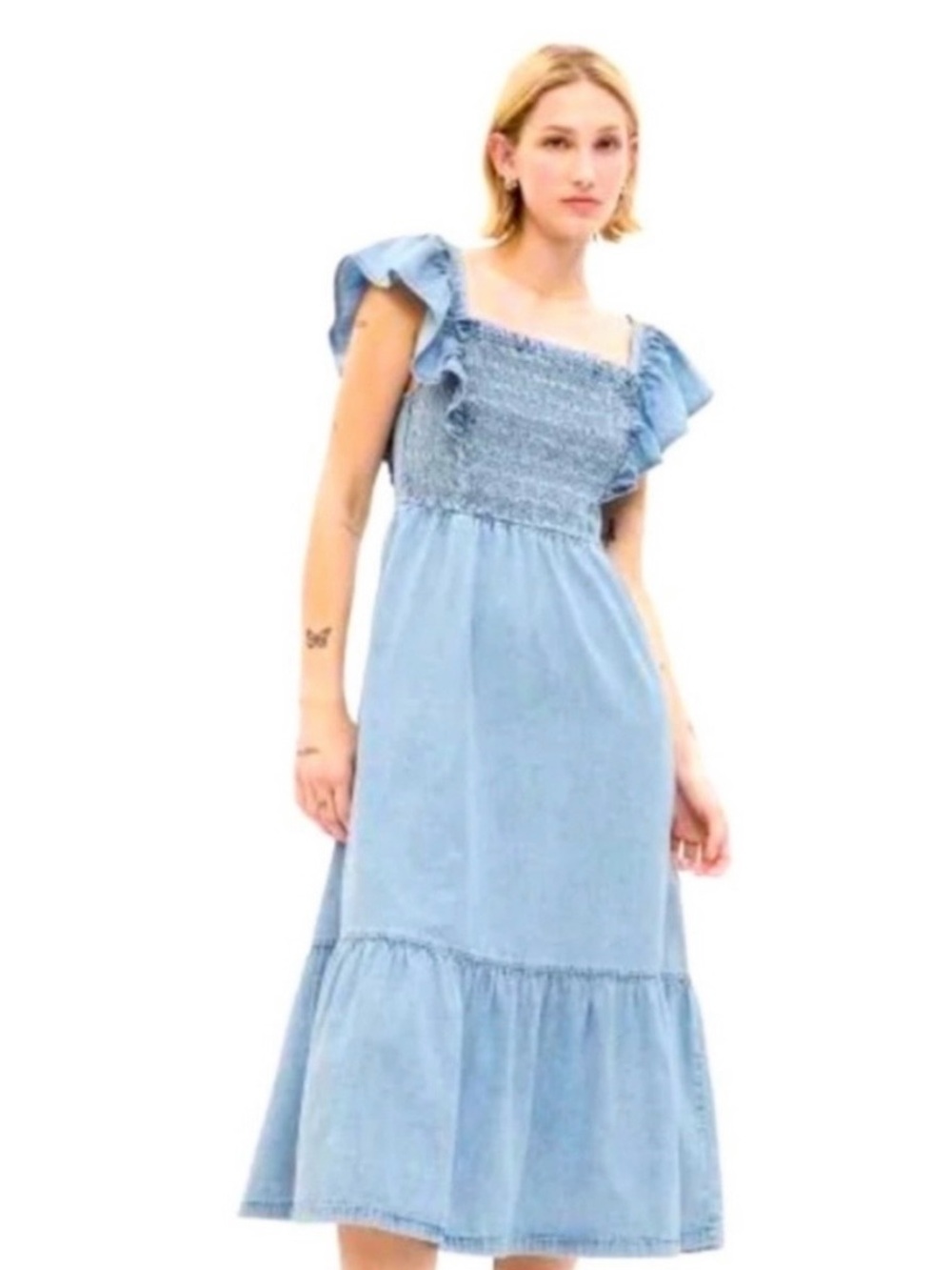 GAP Denim Smocked Ruffle Midi Dress